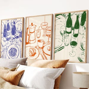 Juego de 3 carteles, arte de pared de cocina de moda, arte retro para cenas, impresiones de arte de comida y vino, decoración de comedor, galería de pared maximalista