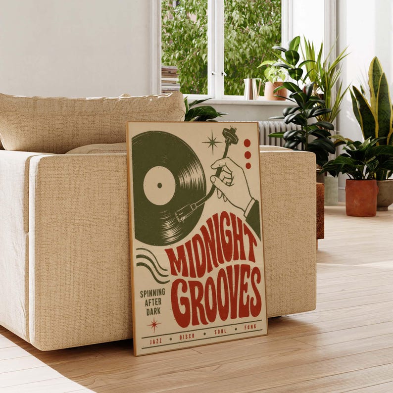 May include: A rectangular poster featuring a green vinyl record being played by a hand on a turntable. The text reads MIDNIGHT GROOVES, SPINNING AFTER DARK, JAZZ, DISCO, SOUL, FUNK. The design uses a cream background with red and green accents.