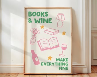 Books & Wine Print, Literary Wall Art, Cozy Reading Decor, Pink and Green Aesthetic, Book Lover Gift, Home Office Art, Trendy Bedroom Poster