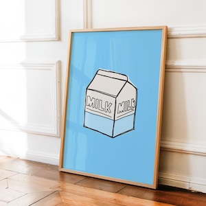 Milk Carton Print, Cute Drink Illustration, Trendy Kitchen Wall Art, Retro Food Poster, Aesthetic Home Decor, Breakfast Art Print