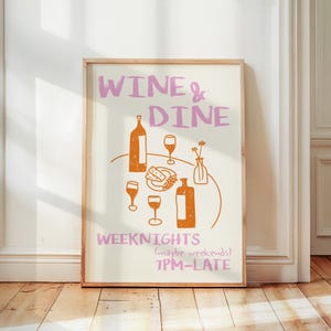 Wine & Dine Club Retro food-print, vintage wijnprint, moderne print uit het midden van de eeuw, wijn en kaas, keuken wanddecoratie, drankjes print