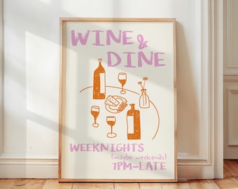 Wine & Dine Club Retro Food Print, Vintage Wine Print, Mid Century Modern Print, Wine And Cheese, Kitchen Wall Gallery Decor, Drinks Print
