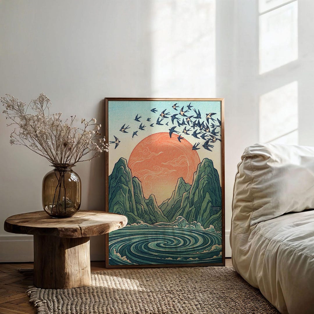 Japanese Landscape Wall Art Print, Mountain Sunset Poster, Asian Nature ...