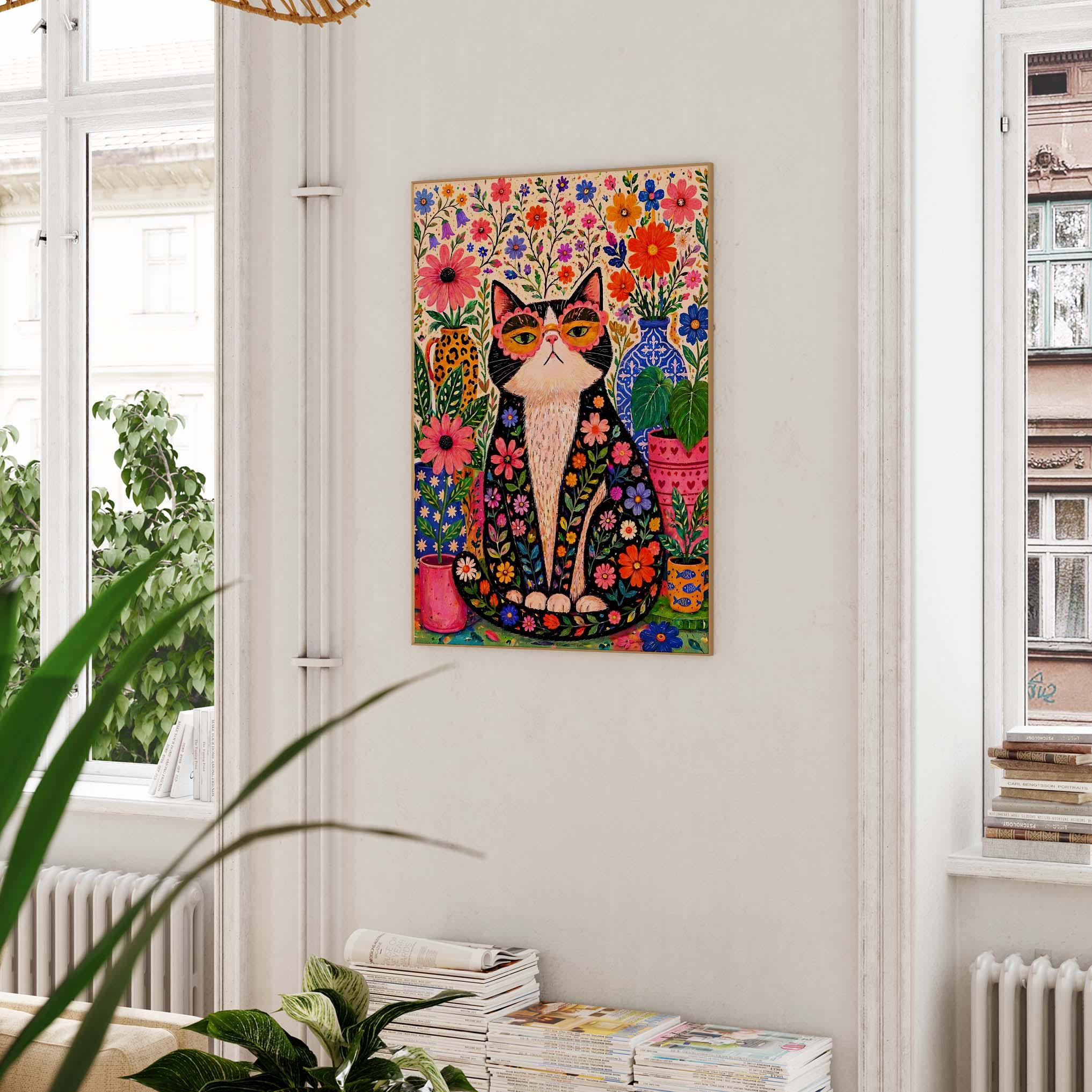 Colorful Mid Century Cat Wall Art Print, Whimsical Floral Cat Poster ...