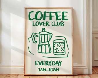 Coffee Lover Club Wall Art, Green Kitchen Coffee Print, Coffee Bar Decor, Unframed