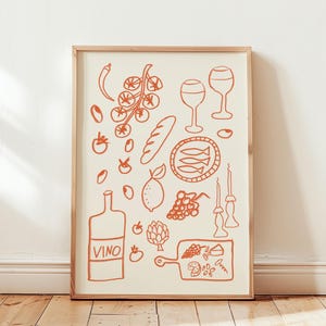 Retro Dinner Table Poster, Food and Drinks Illustration, Hand Drawn Kitchen Wall Art, Apartment Decor, Wine and Sardines Print, Food Poster