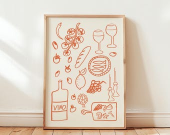 Retro Dinner Table Poster, Food and Drinks Illustration, Hand Drawn Kitchen Wall Art, Apartment Decor, Wine and Sardines Print, Food Poster