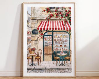 Paris Café Print, French Bakery Illustration, Cozy Kitchen Decor, Dining Room Wall Art, European Cafe Scene Art, Physical