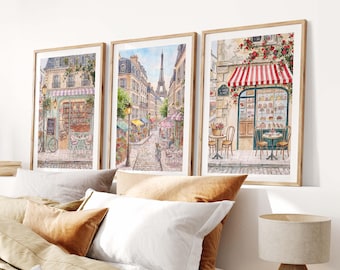 Paris Wall Art Set of 3: Eiffel Tower, French Café & Bookstore Illustrations – Aesthetic Parisian Decor