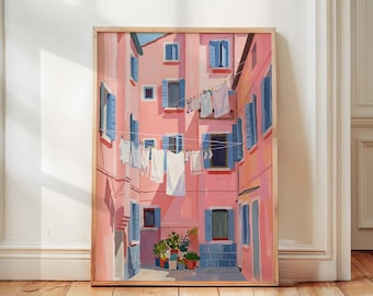 Pink Italian Street Wall Art, Laundry Line Print, Mediterranean European Travel Decor, Aesthetic Summer Decor, Coastal Home Poster