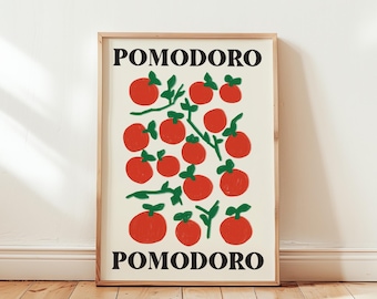 Pomodoro eten poster, retro boerderij keuken muurkunst, tomaat kunst illustratie, esthetische eetkamer decor, Italiaanse groenteprint