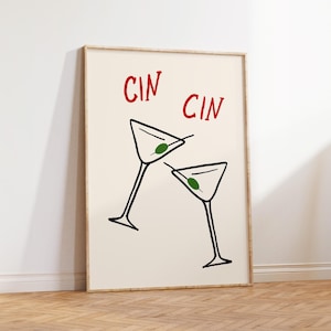 Modny plakat Cin Cin, wydruk kieliszków do martini, modna sztuka ścienna do kuchni, wydruk koktajlowy, wydruk artystyczny wózka barowego, plakat z drinkiem, wystrój apartamentu