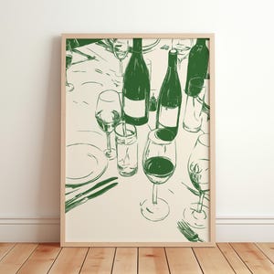 Etentje kunstposter, retro etenskunst, keukendecor, moderne eetkamer muurkunst, barwagen decor, illustratie wijnflessen, retro etenskunst, keukendecoratie