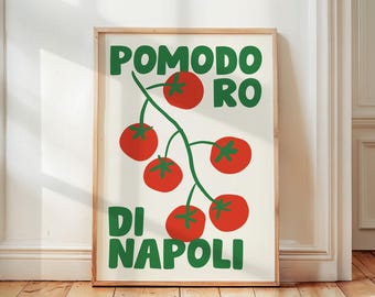 Pomodoro di Napoli-print, retro keukenkunst aan de muur, Italiaans geïnspireerde kunst, voedselillustratie, kleurrijk interieur, esthetische tomaat-fruitprint
