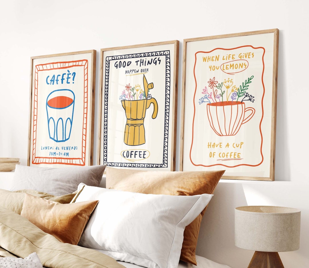 set of 8 kitchen prints, coffee print set, fork spoon... Set of 3 Poster, Trendy Coffee Print Set, Retro Caffe Poster, Espresso ...