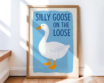Silly Goose On The Loose Print, Duck Illustration, Nursery Art, Boho Playroom Child Art, Quirky Retro Cottage Core Decor, Kids Room Artwork