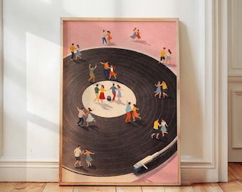 Vinyl Record Player Art Print, Dancing People Poster, Retro Music Wall Art, Dance Floor Illustration, Music Lover Decor, Physical, Unframed