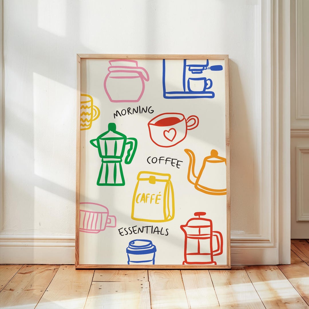 Morning Coffee Essentials, Modern Kitchen Art, Caffe Print, Kitchen ...