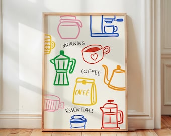 Morning Coffee Essentials, Modern Kitchen Art, Caffe Print, Kitchen Decor, Aesthetic Apartment Wall Art, Coffee Bar Decor, Espresso Print