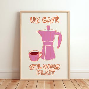 Poster "Un Cafe", arredamento da cucina alla moda, decorazione murale rosa per bar, poster con moka italiana, arte disegnata a mano, decorazione murale estetica per appartamento