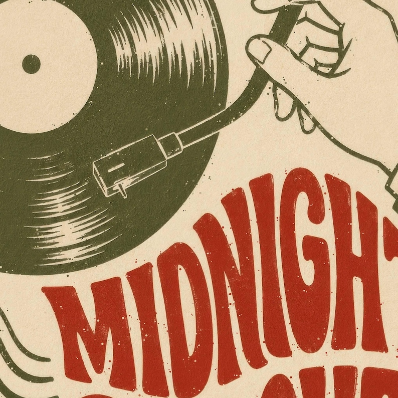 May include: A graphic illustration featuring a dark green vinyl record being played by a hand holding a tonearm. The text MIDNIGHT is printed in large, bold red letters across the bottom portion of the cream-colored background.