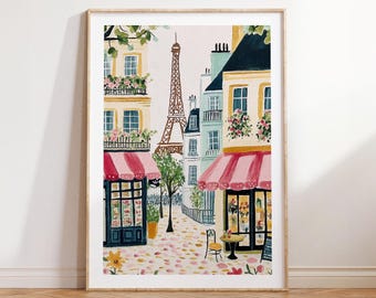 Paris Street Scene Print, Eiffel Tower Print, Trendy Kitchen Wall Art, Parisian Cafe France Cityscape Painting, Home Decor, Travel Art