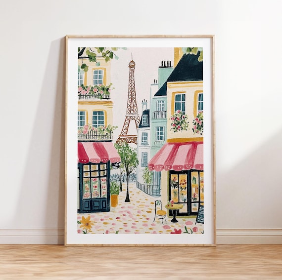 Paris Street Scene Print, Eiffel Tower Print, Trendy Kitchen Wall Art, Parisian Cafe France Cityscape Painting, Home Decor, Travel Art