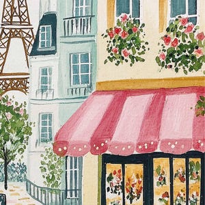 May include: Watercolor painting of a Parisian street scene. The image features a building with a pink and white striped awning, windows with red flowers, and a view of the Eiffel Tower. The buildings are painted in pastel colors.