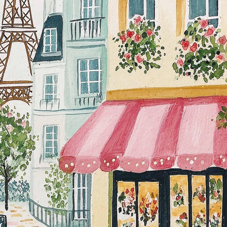 May include: Watercolor painting of a Parisian street scene. The image features a building with a pink and white striped awning, windows with red flowers, and a view of the Eiffel Tower. The buildings are painted in pastel colors.