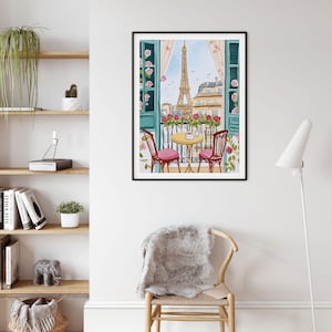 May include: Watercolor painting of a Parisian balcony scene. The Eiffel Tower is visible through the open window. A small round table and two chairs are set for a meal. Red roses and pink curtains frame the view.
