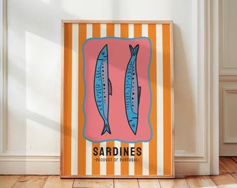 Retro Sardines Poster, Tin Fish Wall Art, Trendy Kitchen Decor, Colorful Mediterranean Seafood Print, Striped Sardines Print, Kitchen Art