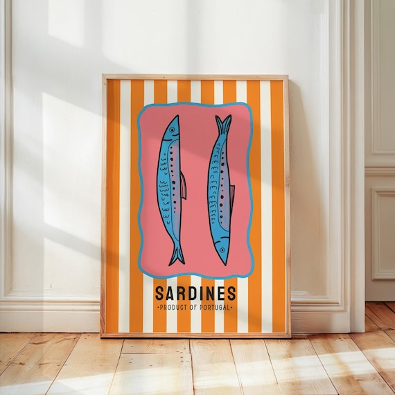 Retro Sardines Poster, Tin Fish Wall Art, Trendy Kitchen Decor, Colorful Mediterranean Seafood Print, Striped Sardines Print, Kitchen Art