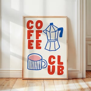 Coffee Club Retro Kitchen Print, Trendy Kitchen Decor, Coffee Lover Art, Aesthetic Apartment Wall Art, Coffee Bar Decor, Espresso Poster
