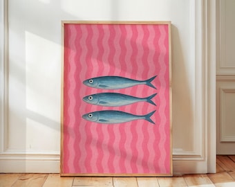Striped Pink Sardines Poster, Retro Aesthetic Kitchen Wall Art, Maximalist Fish Print, Vintage Foodie Gift, Mediterranean Seafood Decor