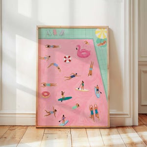 Tiny Swimmers in Pink Swimming Pool Print, Retro Aesthetic Summer Beach Decor, Fun Minimalist Wall Art, Physical