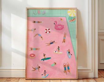 Tiny Swimmers in Pink Swimming Pool Print, Retro Aesthetic Summer Beach Decor, Fun Minimalist Wall Art, Physical