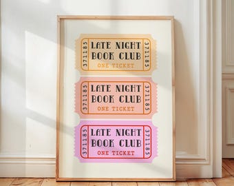 Late Night Book Club Ticket Poster, Bedroom Retro Aesthetic Book Lover Wall Art, Preppy Trendy Decor, Reading Corner Home Decor, Unique Gift