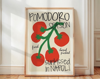 Aesthetic Tomato Fruit Print, Retro Kitchen Wall Art, Italian Inspired Pomodoro Poster, Food Illustration Decor