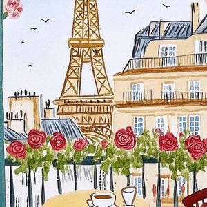 May include: Watercolor painting of a Parisian scene featuring the Eiffel Tower, buildings, and red roses. A table with coffee cups is in the foreground. The artwork has a soft, artistic style with a focus on the iconic landmarks and floral elements.