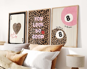 Leopard Home Wall Art Set of 3 – Lucky 8 Ball Print, Feeling Lucky Playing Card Poster, Eclectic Gallery Wall Art, Dopamine Decor