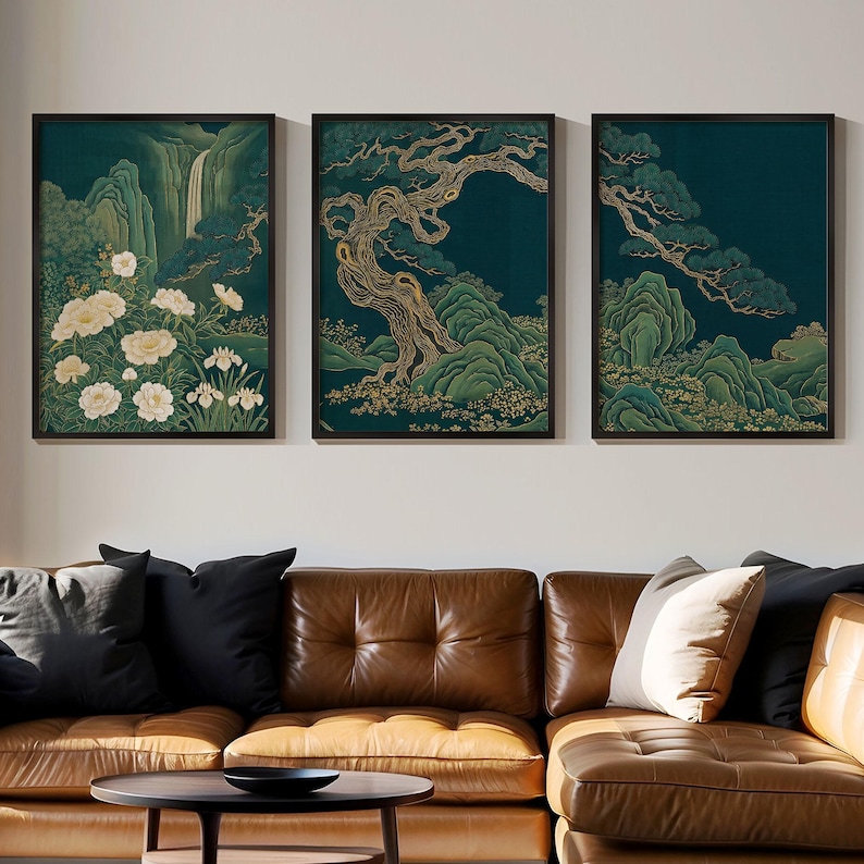 Asian Botanical Landscape Wall Art Set of 3, Japanese Trees Emerald ...