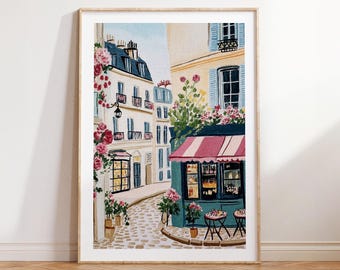 Vibrant Parisian Street Print, European Street Corner Art, Cityscape Painting, Travel Lover Wall Decor, French Town Scene, Cottagecore Print