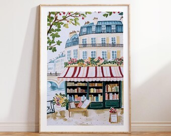 Paris Bookstore Print, Cozy Riverside Bookshop Art, Romantic European Decor