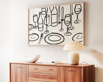 Dinner Party Food Poster, Vintage Kitchen Wall Art, Wine Bottles Illustration Art, Cheers Art Print, Dining Room Decor, Table Scene Poster