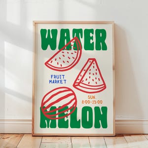 Watermeloen Art Print, retro watermeloen poster, moderne keuken kunst aan de muur, fruitmarkt illustratie, Cottagecore Home Decor, handgetekende