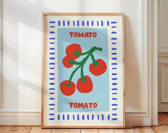 Tomato Print, Retro Kitchen Wall Art, Italian Inspired Art, Food Illustration, Colorful Home Decor, Pomodoro Fruit Print, Fruit Market Print