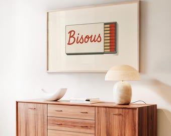 Bisous Print, Retro Matchbox Poster, Trendy Aesthetic Home Decor, Matchbook Print, French Inspired Art, Cool Girl Home Print, Mid Century