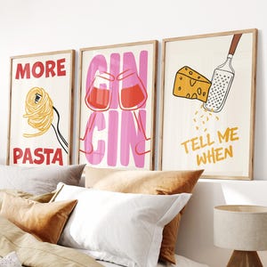 Set di 3 poster, stampa trendy "Cin Cin Cheers" con vino, poster culinario "Serata Pasta", stampa "Dimmi quando formaggio", divertente decorazione murale per la cucina, arte estetica