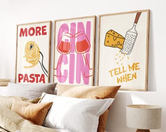 Set of 3 Posters, Trendy Wine Cin Cin Cheers Print, Pasta Night Food Poster, Tell Me When Cheese Print, Fun Kitchen Wall Art, Aesthetic Art