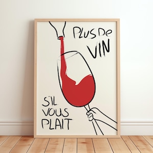 Plus De Vin Print, francuski plakat artystyczny z winem, wydruk artystyczny z wózkiem barowym, zabawny modny maksymalistyczny wystrój kuchni, plakat z drinkiem w stylu vintage, prezent dla miłośnika wina